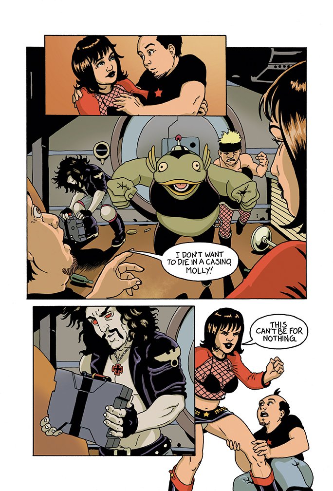 A comic-style illustration featuring various characters in a space setting. A woman and a man are in the spaceship, with the woman wearing a red fishnet top, and the man with blonde hair. Another woman in a red jacket and fishnet top is with a man kn