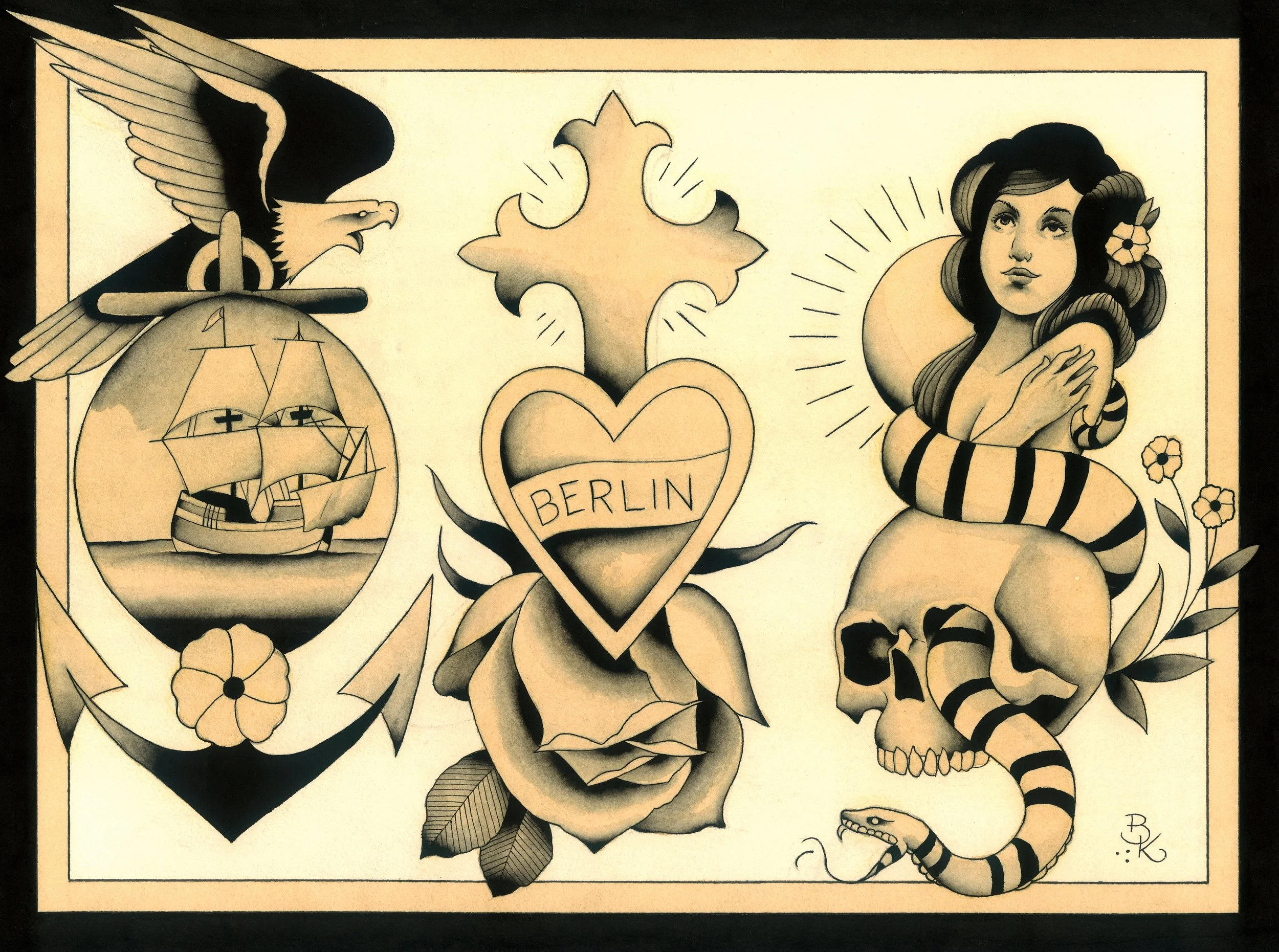 Tattoo-style illustration featuring an eagle, a sailing ship, a heart with 'Berlin' written inside, a woman with flower in her hair, skull, and a snake with striped pattern.
