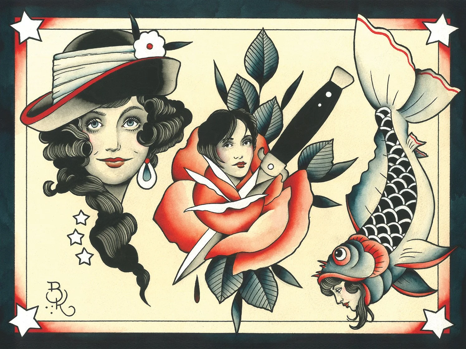 Vintage-style artwork featuring a woman with a large hat, a woman with a sword and a rose, a fish with a human face wearing a fish mask, and various plant and floral elements.