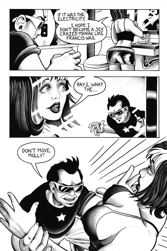 A black and white comic strip showing a man in sunglasses talking to a woman, then trying to kiss her, saying 'Don't move, Molly!'