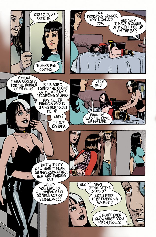 Comic strip showing a woman named Betty being called inside, and another woman, Molly, sitting on a bed dressed in Gothic style, with a clone of herself on the bed. They discuss clones, a murder, and revenge plans.