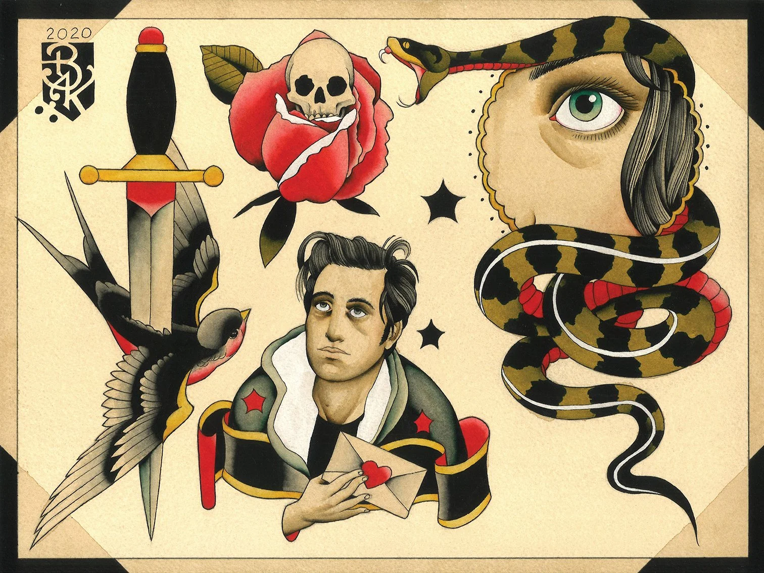 Tattoo-style artwork featuring a male figure holding an envelope with a red heart, a large eye with a snake wrapped around it, a rose with a skull, a bird, a sword, and black star shapes.