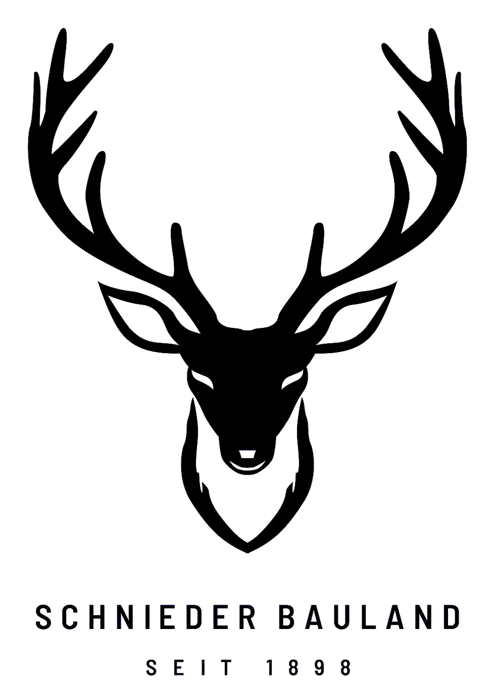 Schwarz-weiße Illustration eines Hirschkopfes mit Text "Schnieder Bauland seit 1898" darunter.
