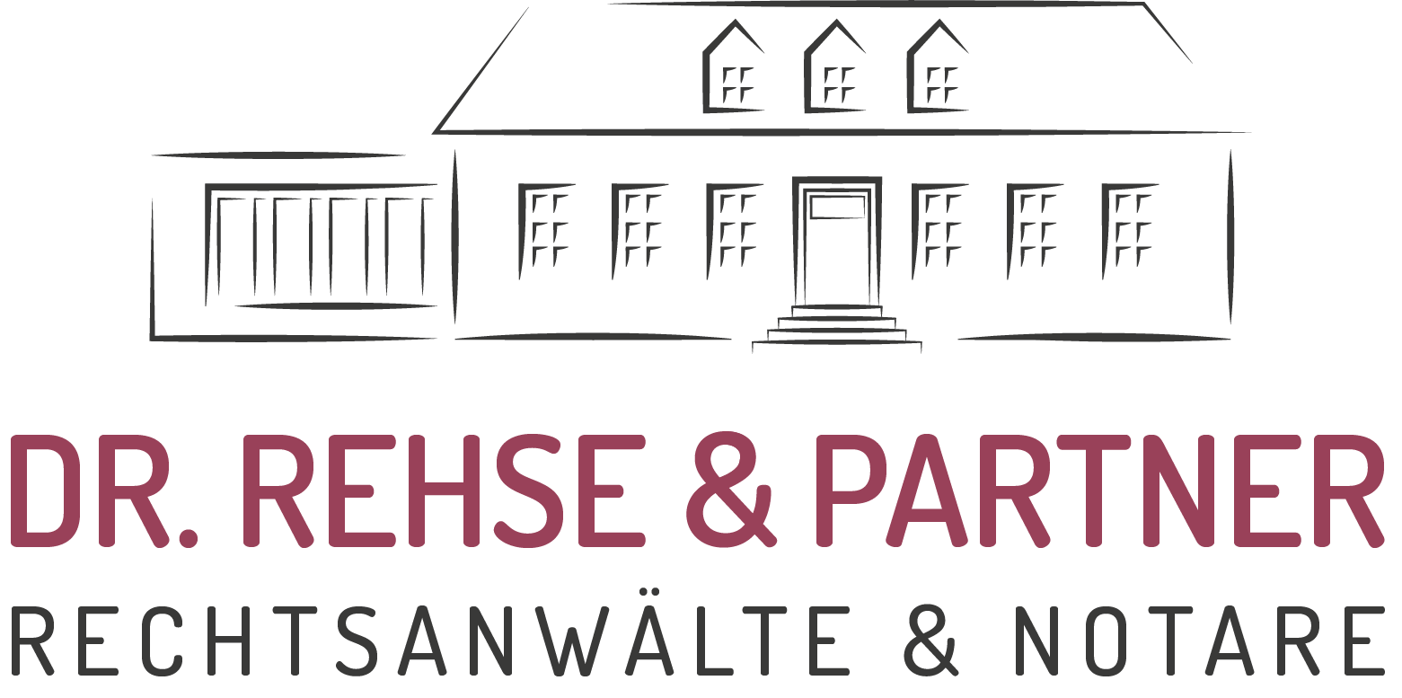 Grafik eines Hauses mit Text "Dr. Rehse & Partner Rechtsanwälte & Notare" auf schwarzem Hintergrund.