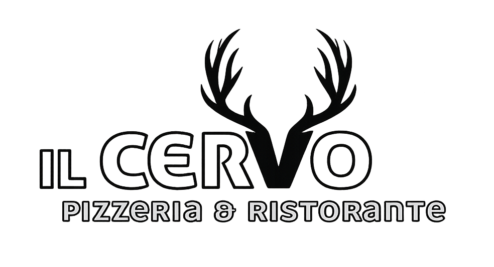 Schild mit dem Logo 'Il Cervo Pizzeria & Ristorante', das einen Hirschgeweih und den Namen des Restaurants zeigt.