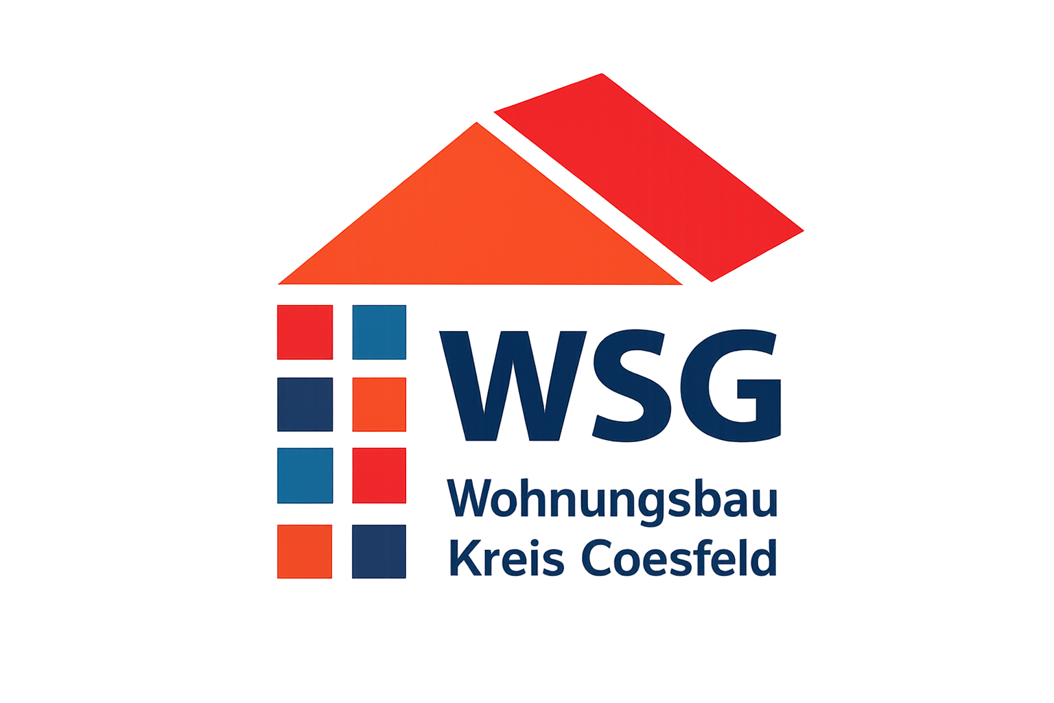 Logo der WSG Wohnungsgesellschaft Kreis Coesfeld, bestehend aus einem stilisierten Haus mit roten Dächern und blauen Fenstern, sowie den Texten "WSG" und "Wohnungsbau Kreis Coesfeld".