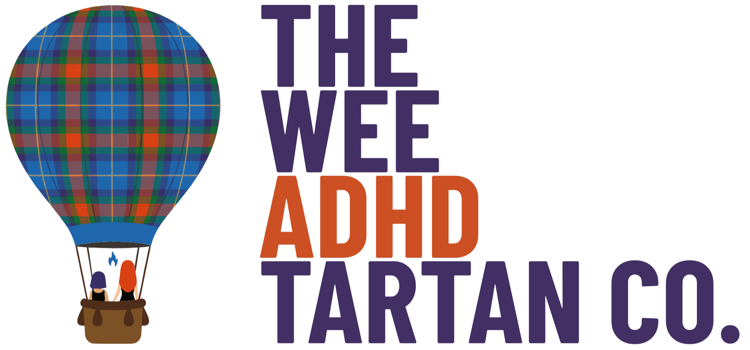 Hot air balloon with a blue tartan pattern and two people beside the text The Wee ADHD Tartan Co. in bold purple and orange.