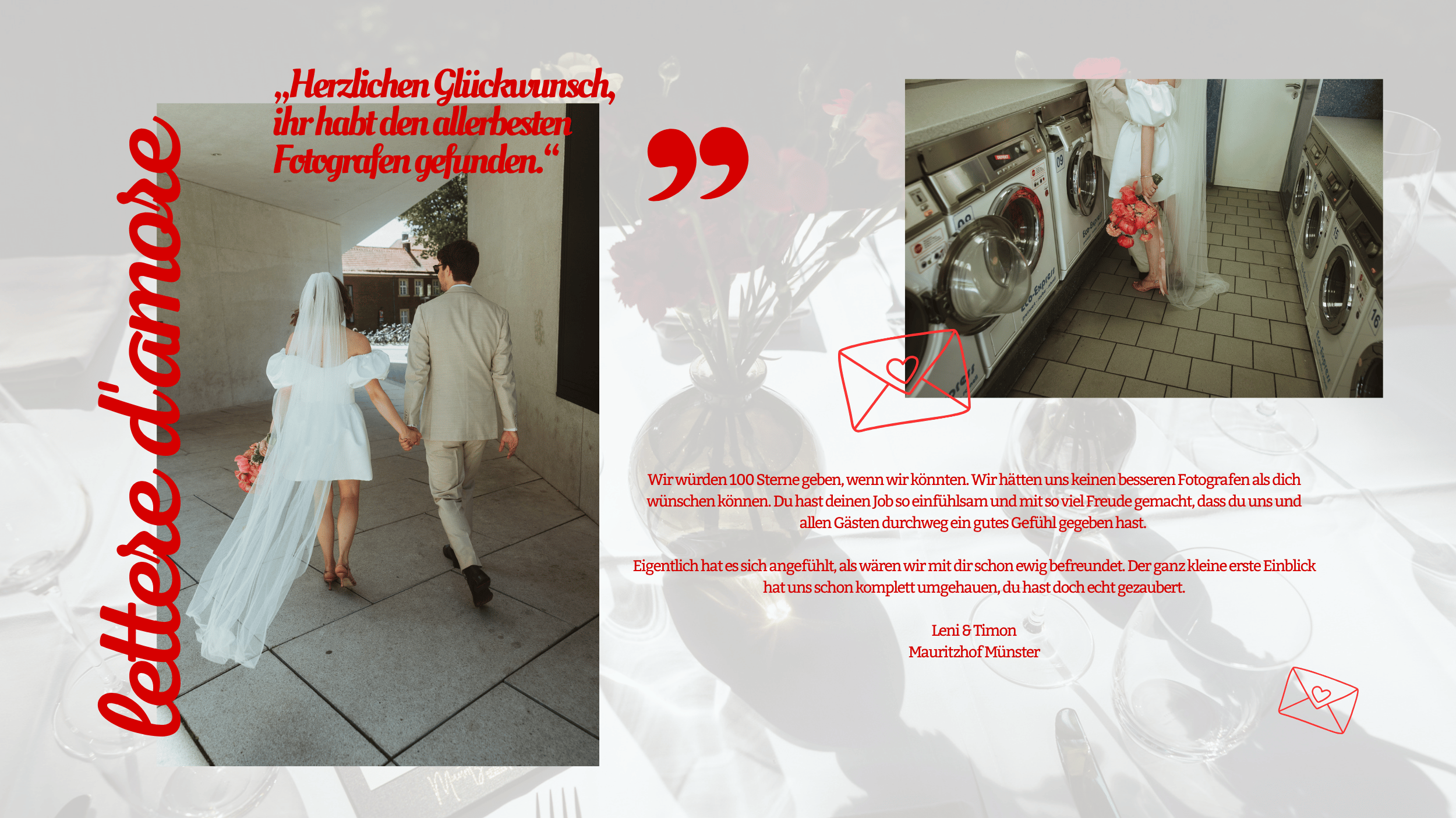 Ein Brautpaar, das Hand in Hand auf einem offenen Weg geht, während die Braut einen Schleier trägt. Ein Poster mit einem Glückwunsch und einem Gruß ist im Bild sichtbar, zusammen mit einem Waschsalon im Hintergrund und einigen Dekorationen auf einem Tisch.