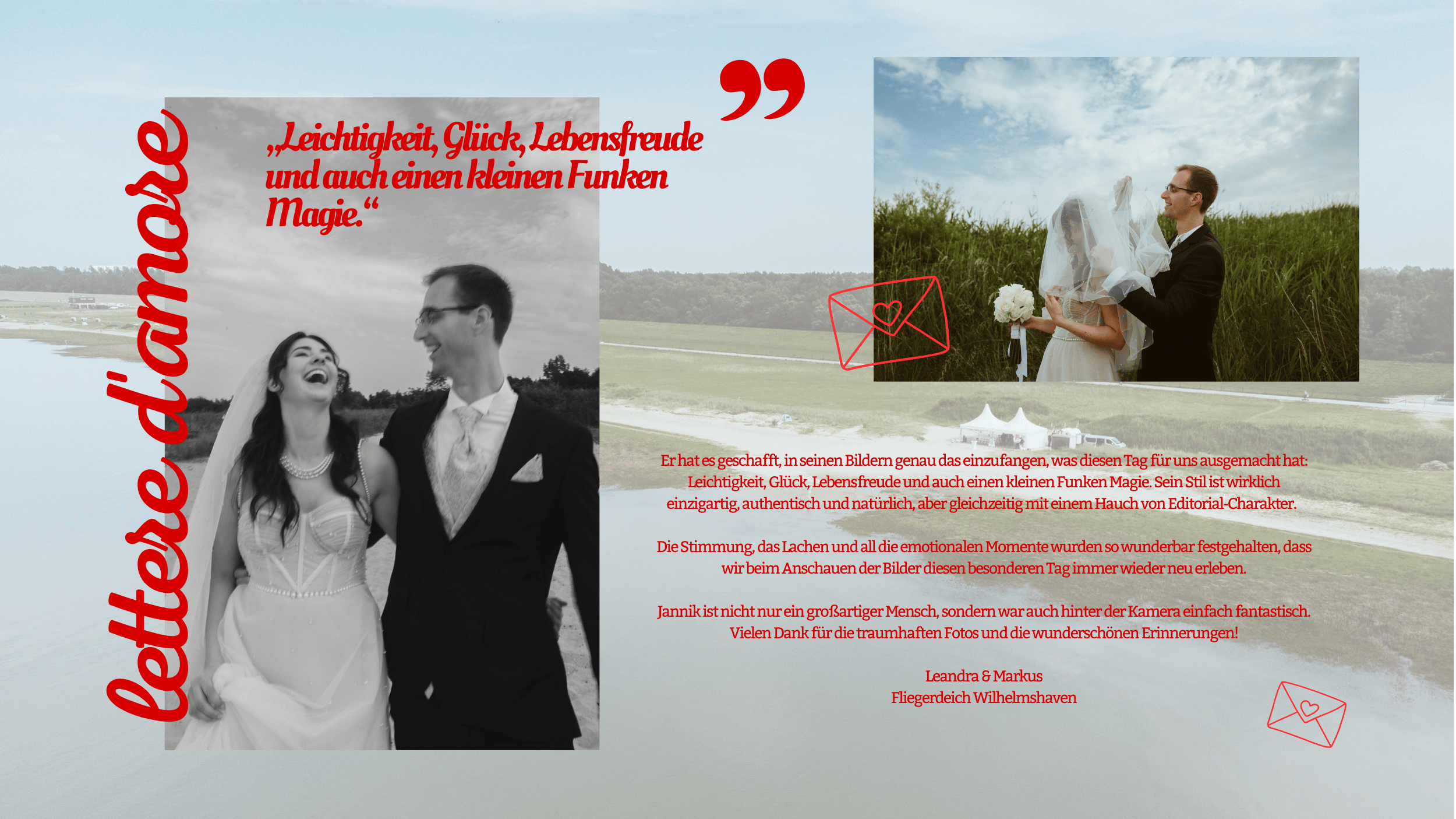 Eine Hochzeitskarte mit einem schwarzen und weißen Foto eines lachenden Brautpaars im Freien. Der Text ist in roter Schrift und enthält eine herzförmige Briefmarke. Hintergrund ist eine Landschaft mit Wasser und Himmel.