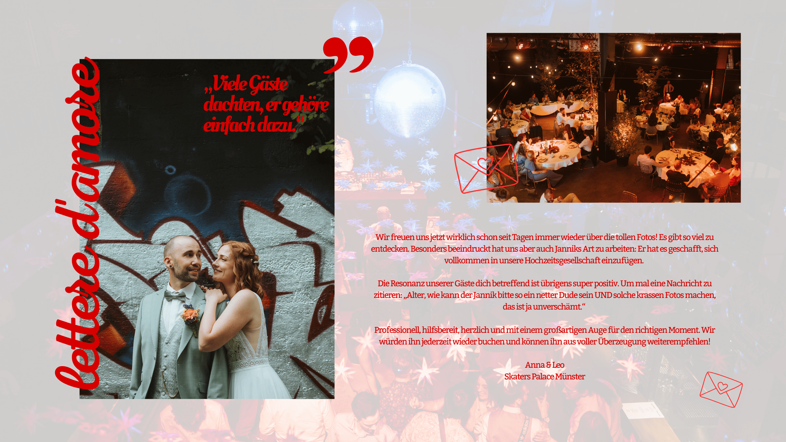 Ein Plakat mit einem Bild eines Brautpaars vor einer Graffiti-Wand, mehreren Fotos von einer festlichen Veranstaltung im Freien bei Nacht, einer Discokugel, und einer Grußbotschaft in roter Schrift. Das Plakat enthält Zitate über Gastlichkeit bei Hochzeiten.