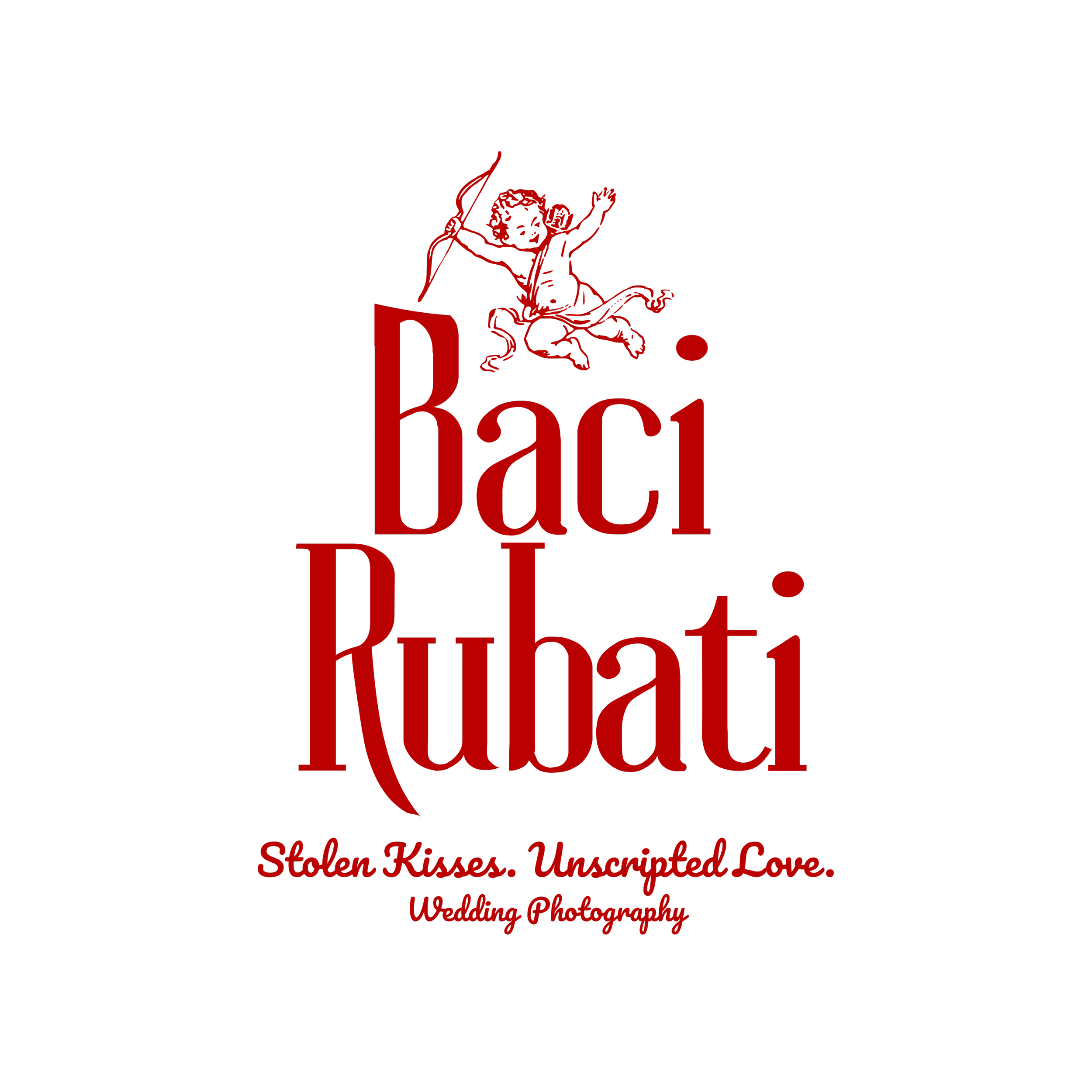 Schwarz-weißes Logo mit einem roten Engel, der einen Bogen und Pfeil hält, und dem Text "Rage" in großen roten Buchstaben, darunter kleinere rote Schrift: "Stolen Kisses. Unscripted Love. Wedding Photography".