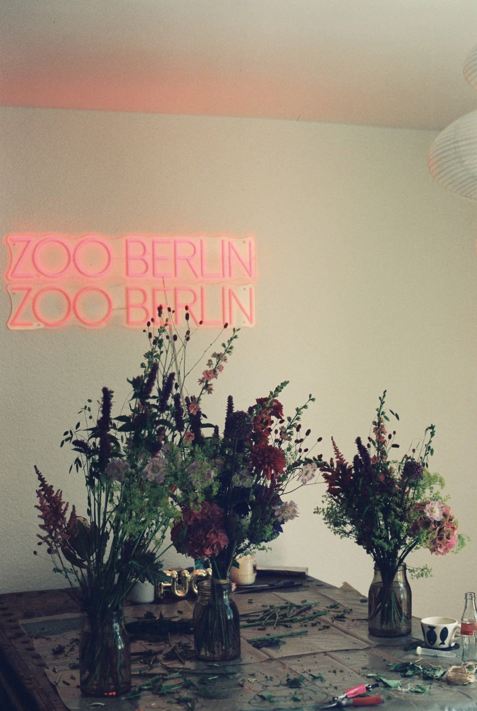 Vier Blumenvasen mit verschiedenen Blumensträußen auf einem Tisch. Hinter ihnen ein pinkes Neon-Schild mit der Aufschrift 'Zoo Berlin'.