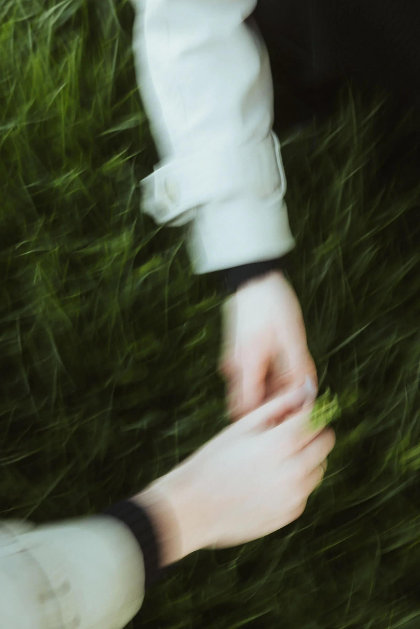 Bewegte Nahaufnahme von zwei Händen im Gras bei einem emotionalen Paarshooting in Münster