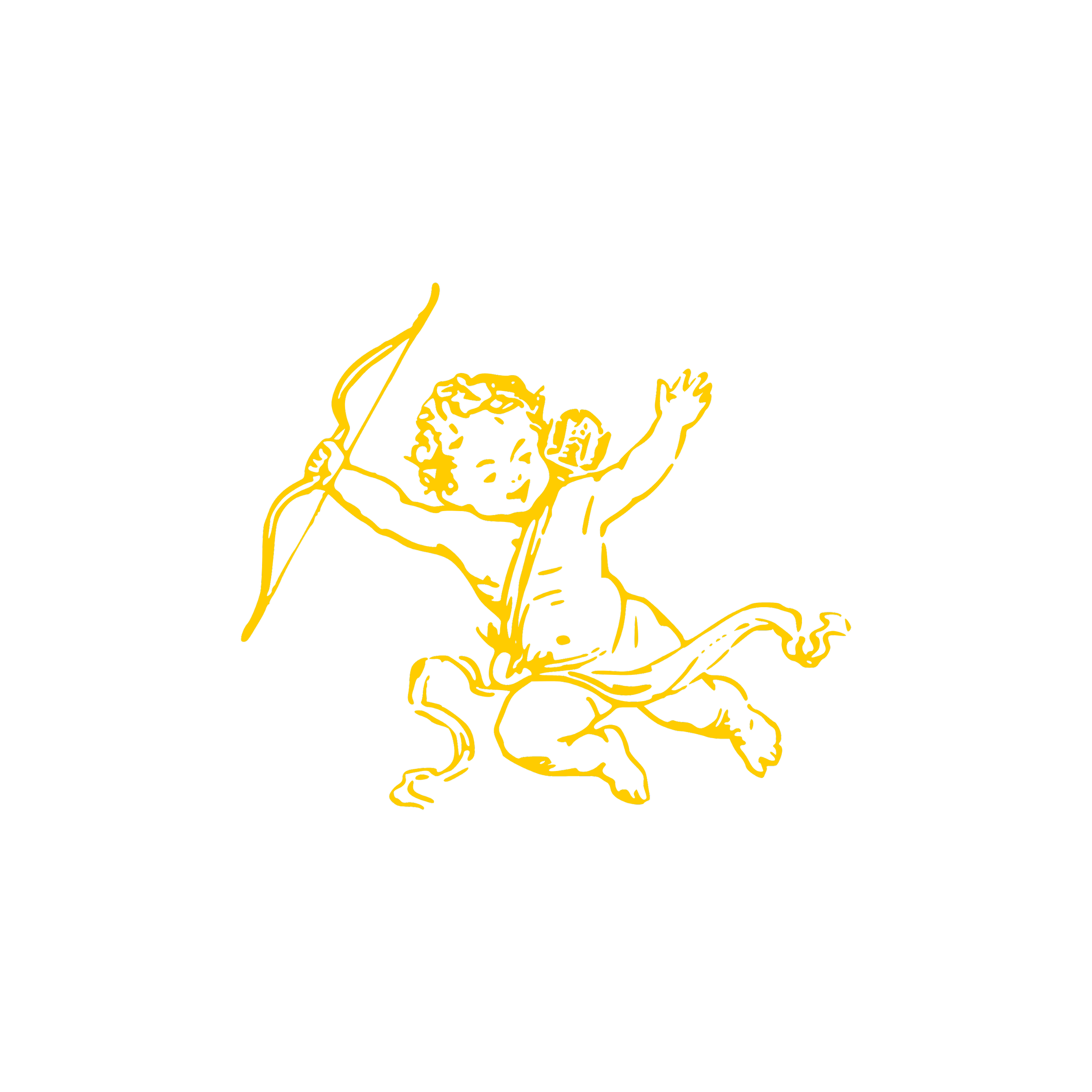 Ein schwarzes Bild mit einer gelben Zeichnung einer kämpferischen Figur, die eine Lanze hält und eine aggressive Pose einnimmt.