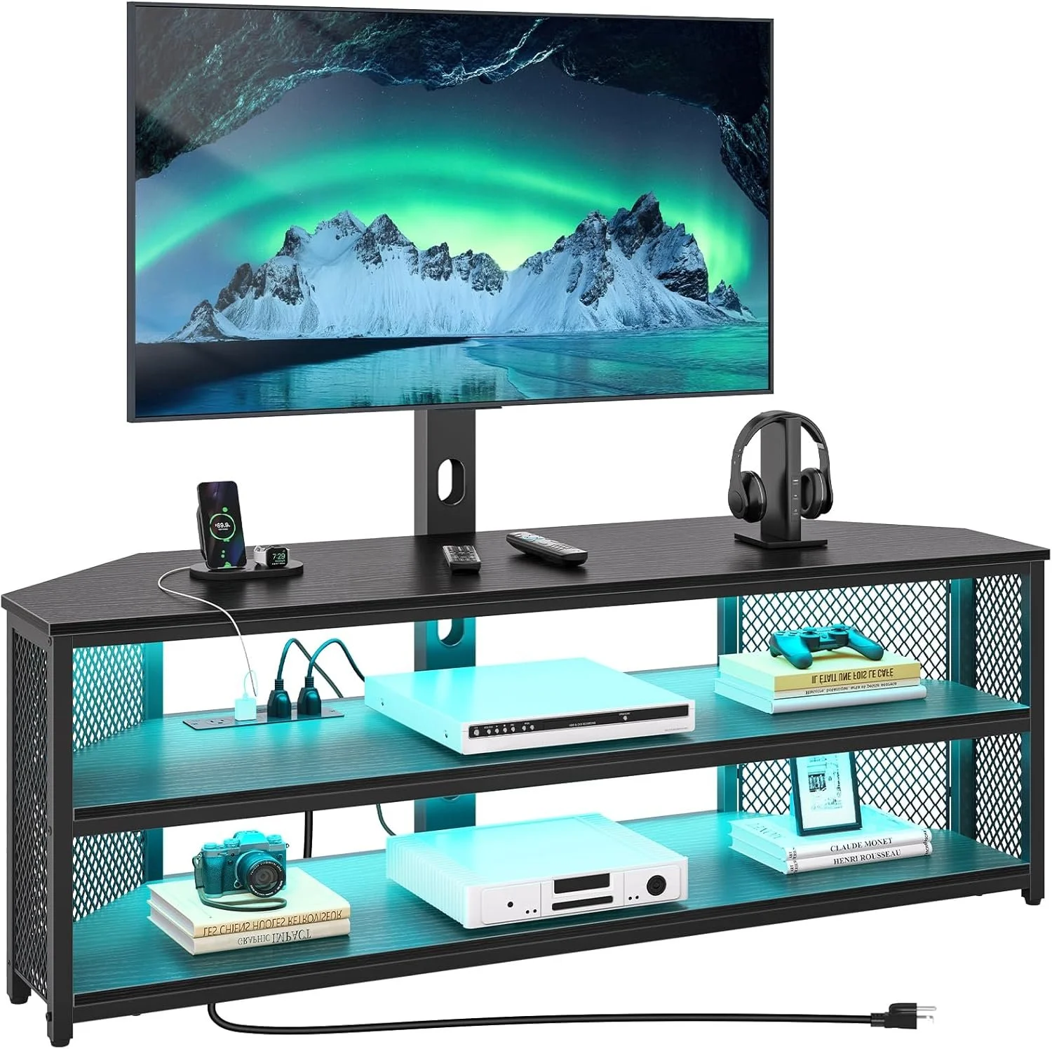 Rolanstar TV Stand with Mount and Power Outlet, Swivel TV Stand with LED Lights for 32/45/55/60/65/70 inch TVs,