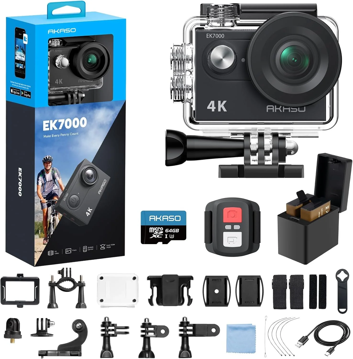 AKASO EK7000 4K30FPS 20MP WiFi Action Camera with 64GB