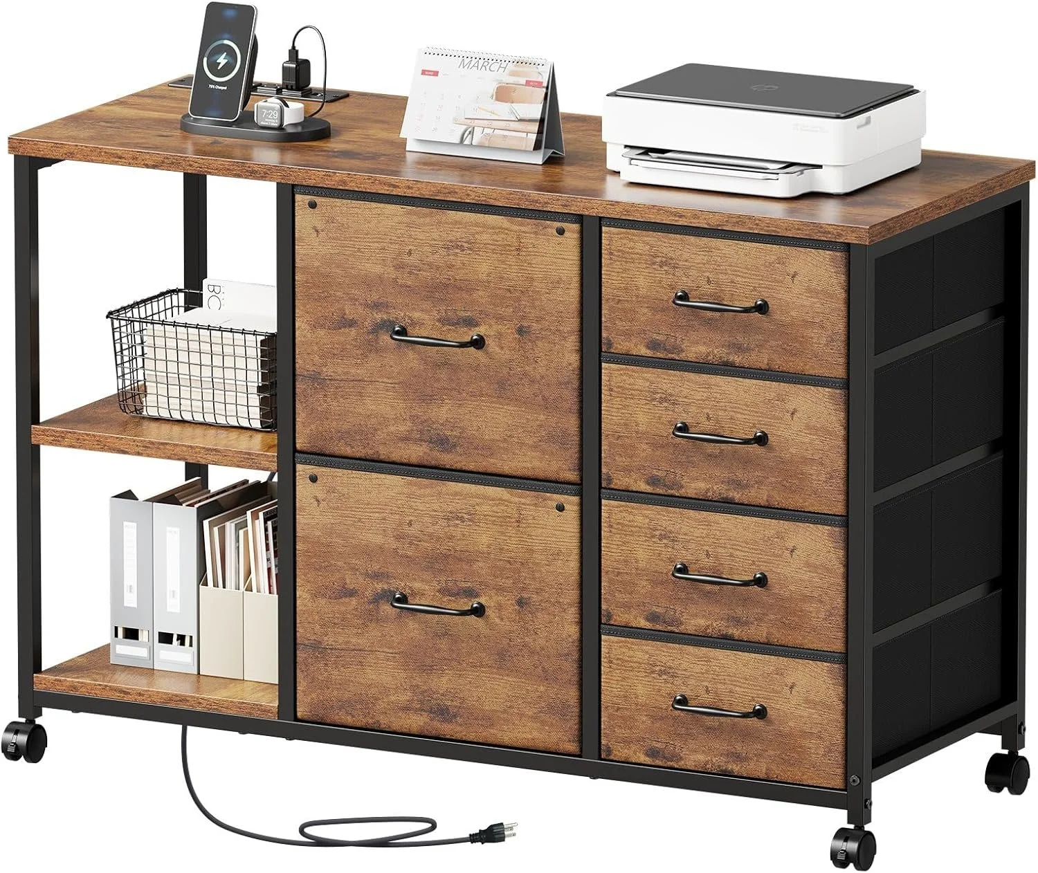 6 Drawer File Cabinet with Charging Station Rolling Printer Stand