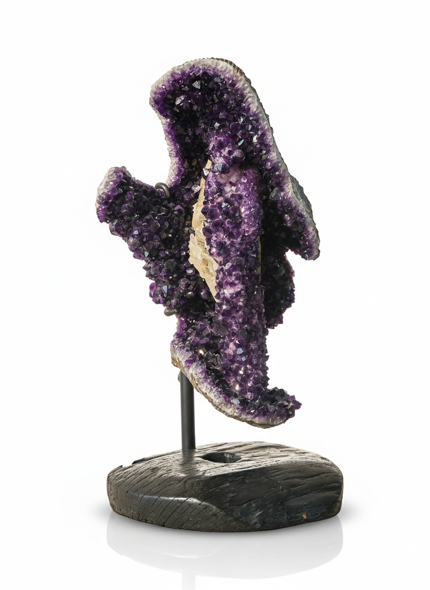 A purple and black geode crystal sculpture mounted on a black wooden base.