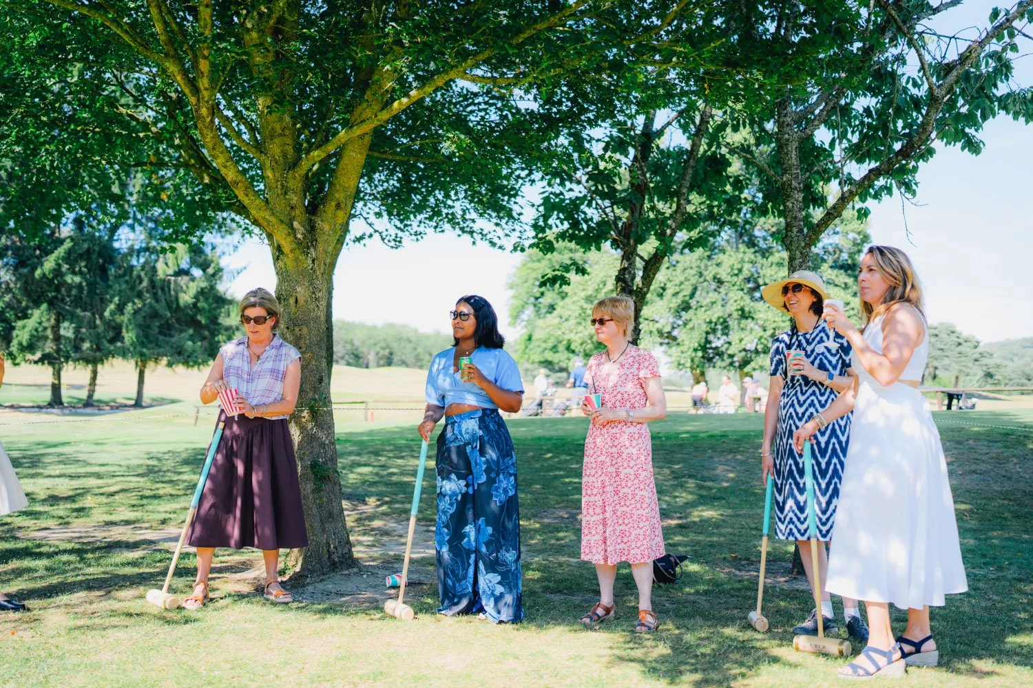Group of women standing in a park during daytime, playing croquet and drinking beverages under a large tree.
