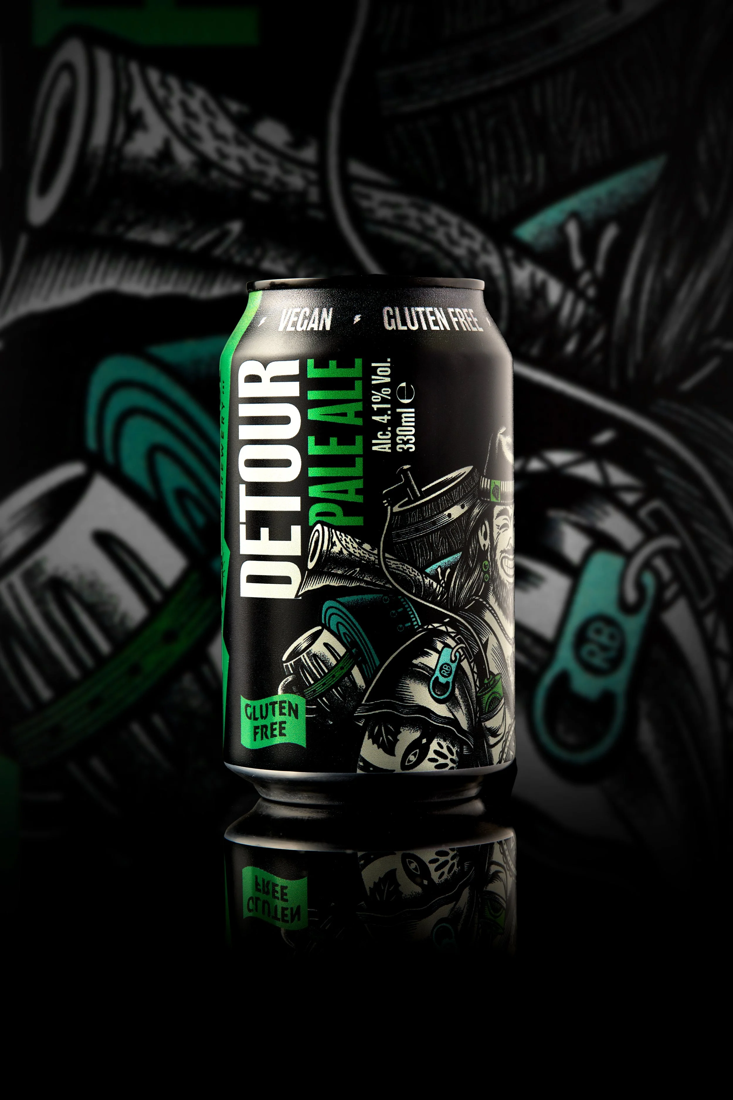 A black can of DeFoir Pause with green and white text, featuring illustrations of headphones, a turntable, and records, on a black background with graphic art and reflections.