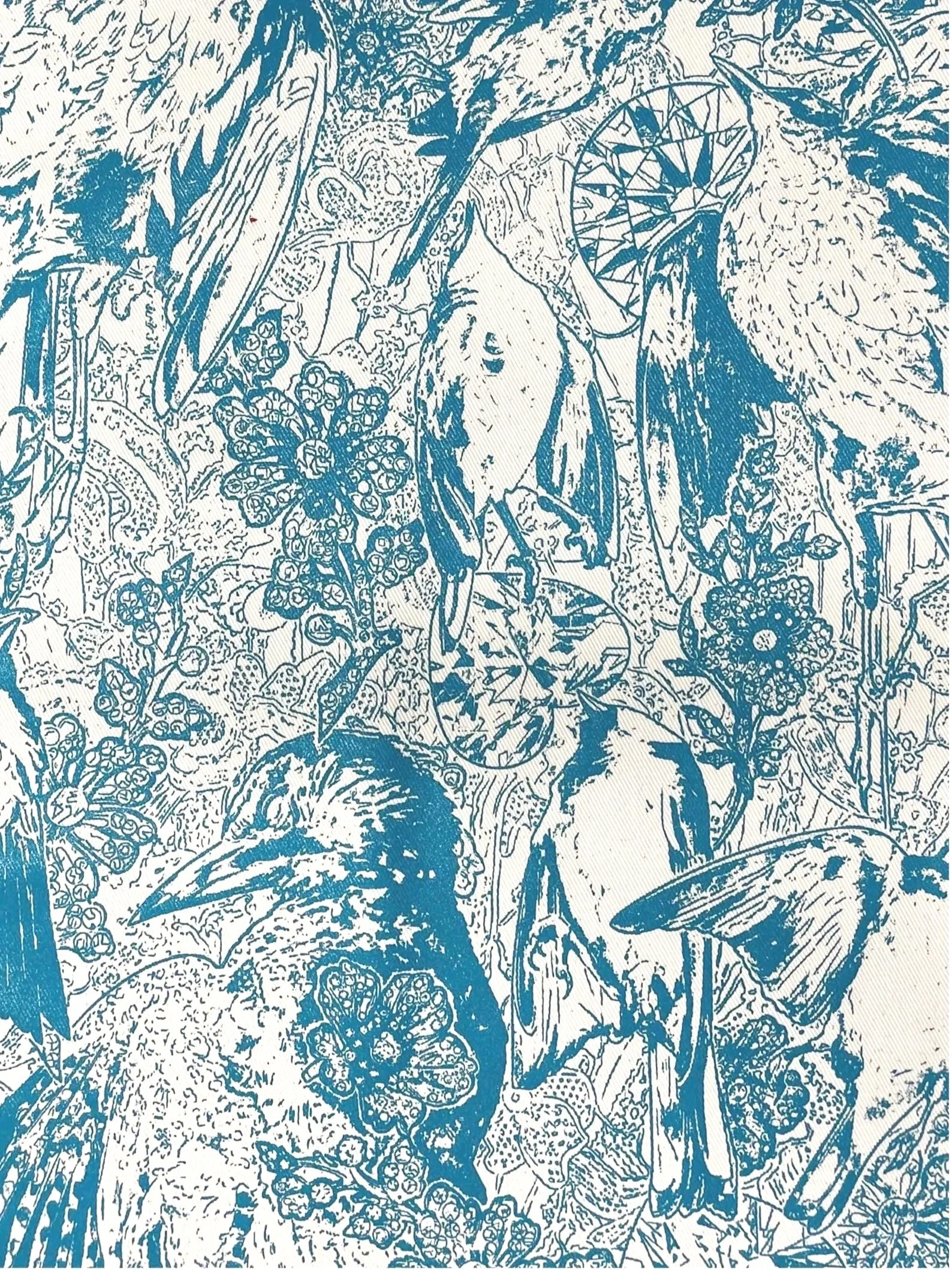 Blue and white illustration of birds, flowers, and leaves in intricate, detailed line art pattern.