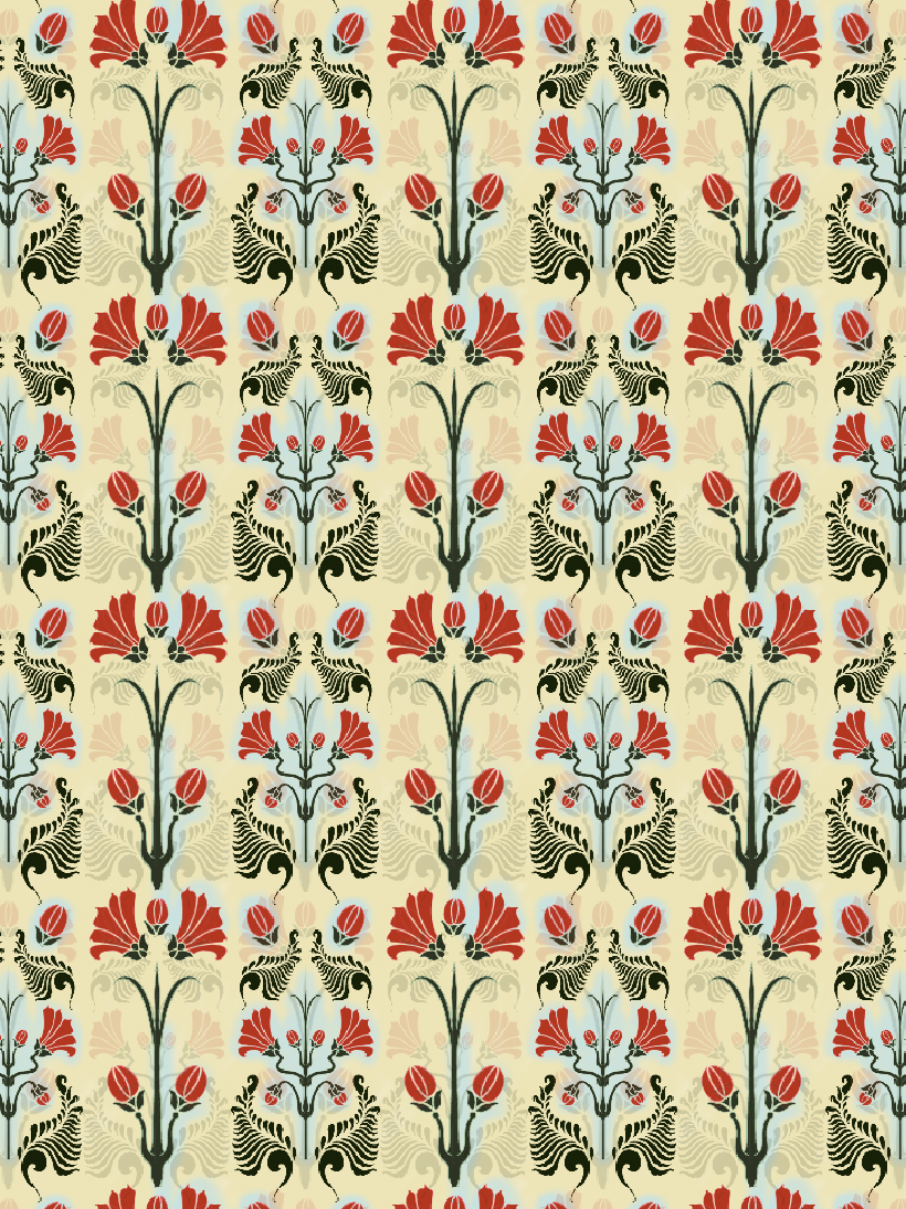 A repeating vintage floral pattern with red flowers, black and beige leaves, and pale blue accents on a light beige background.