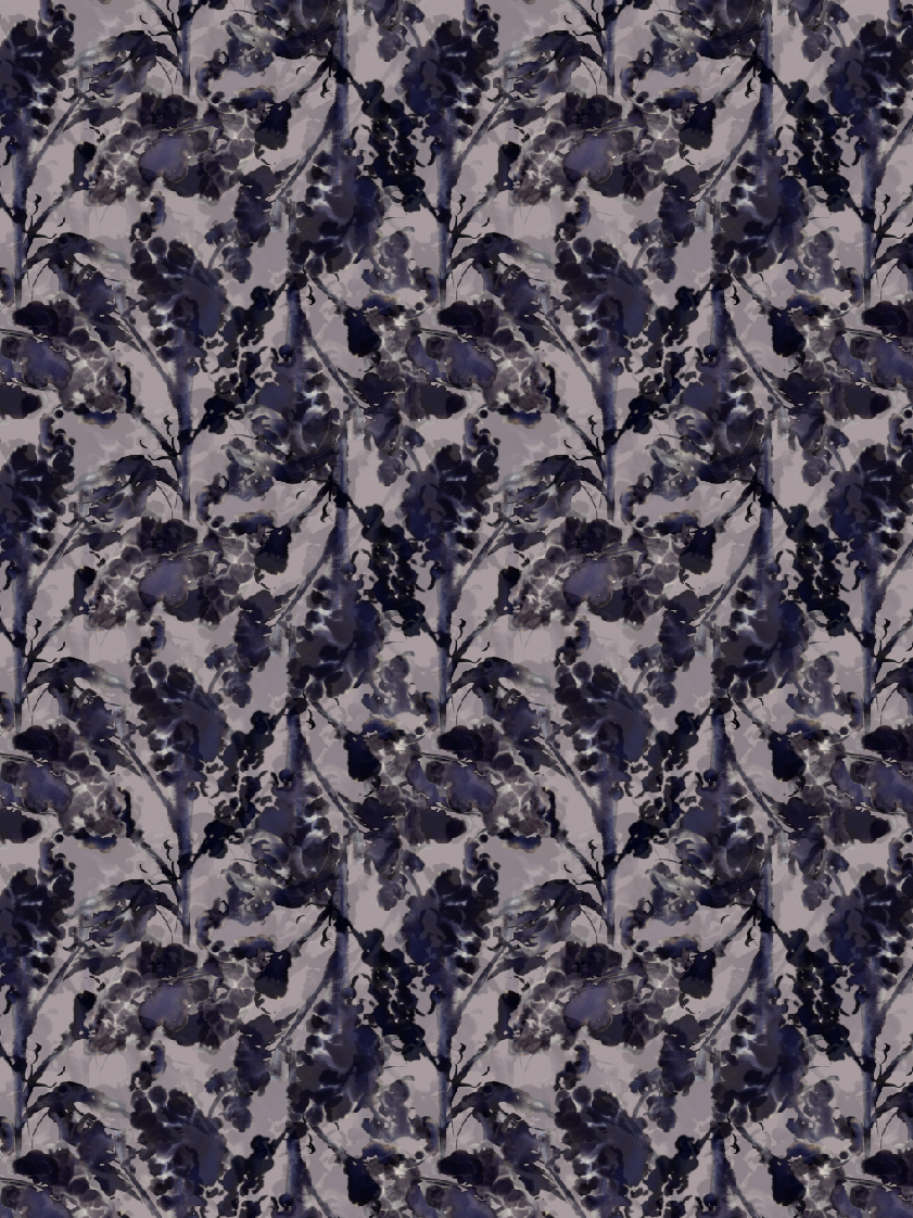 A pattern of dark purple and black floral illustrations on a light gray background, resembling a watercolor or painted design.