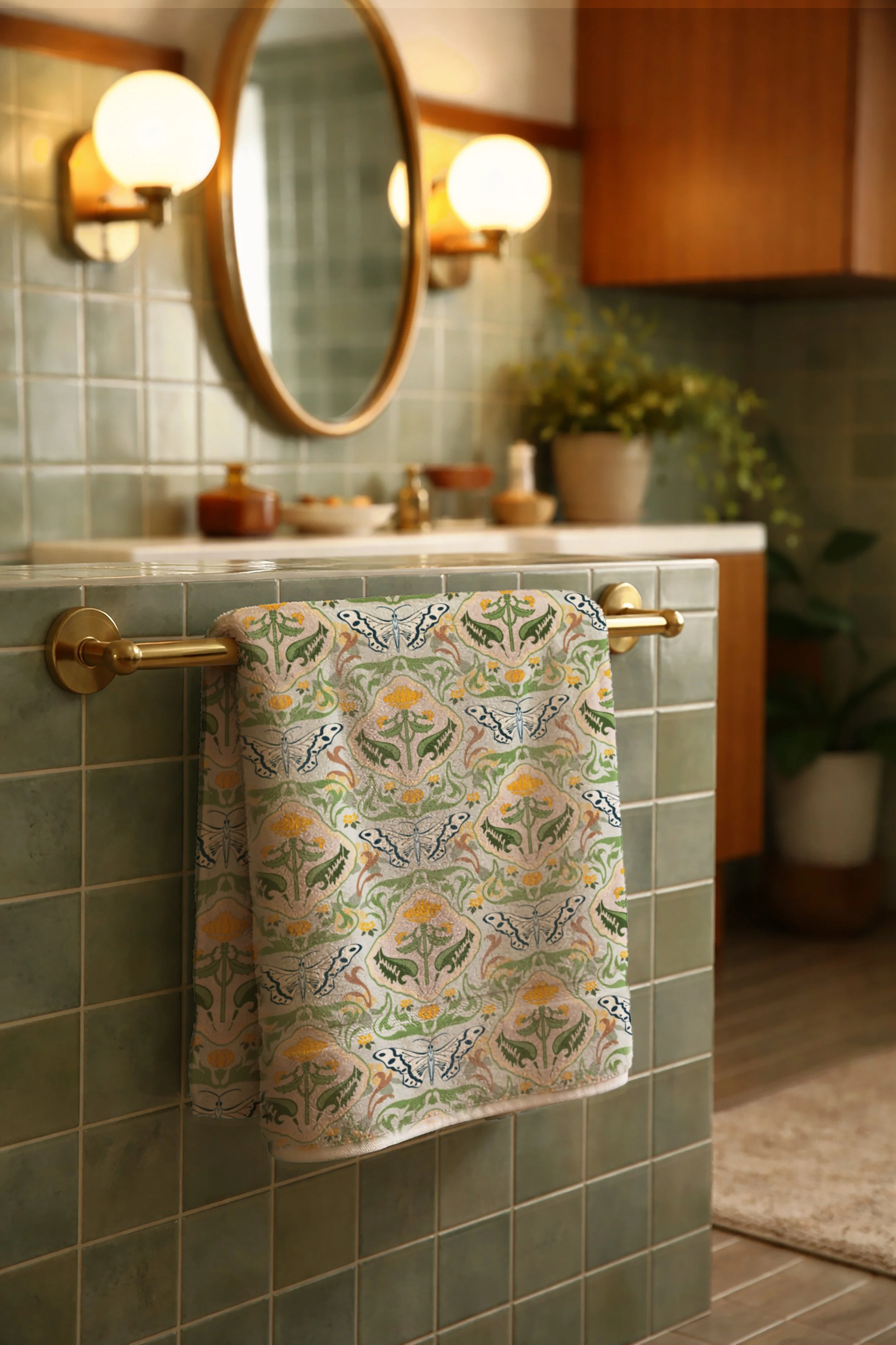 A bathroom with green tiles, a patterned towel hanging from a gold towel bar, a wooden framed oval mirror, and warm lighting. There is a countertop with decor and plants in the background.