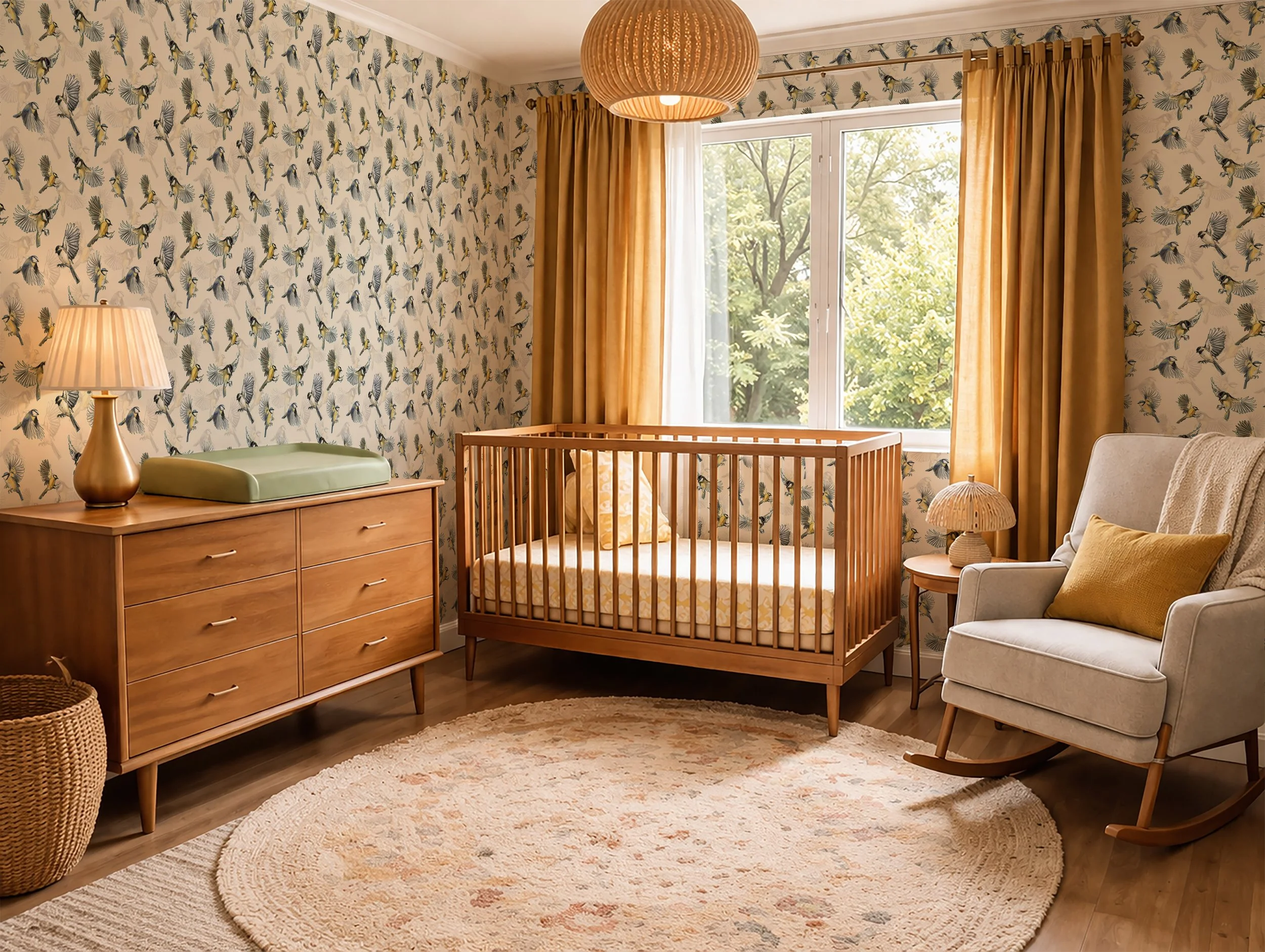 A cozy nursery room decorated with nature-themed wallpaper featuring birds, with a wooden changing table, a crib, a rocking chair, and a round rug.