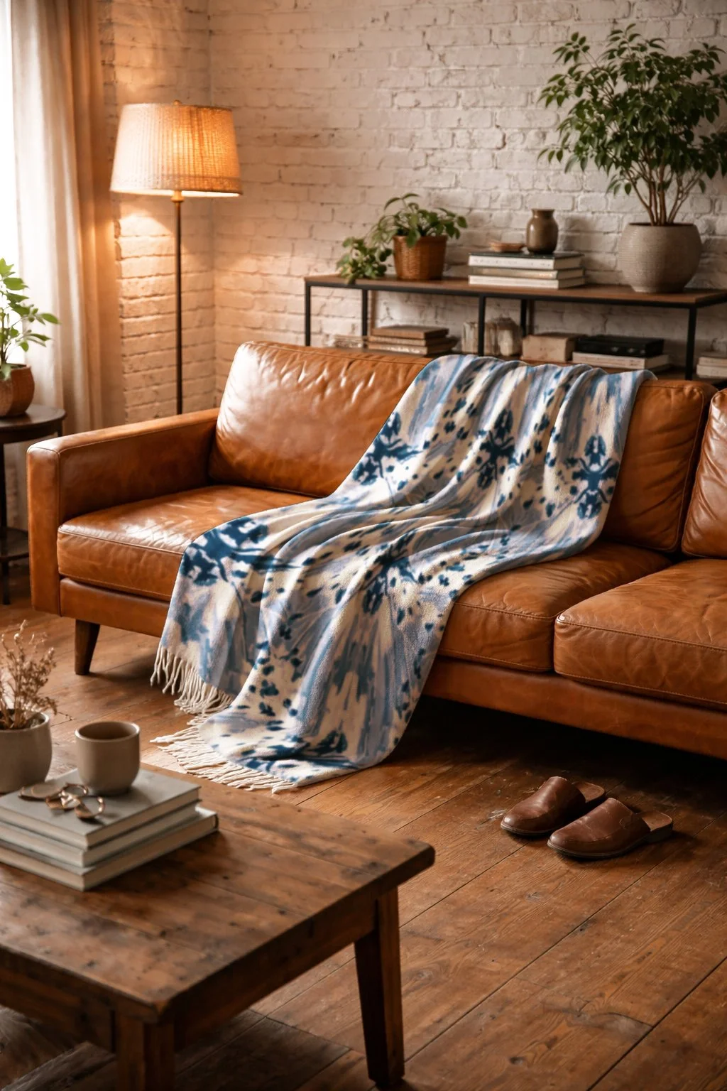 Living room with a brown leather sofa, a blue and white patterned throw blanket, a wooden coffee table with books, a mug, and a plant, a pair of slippers on the wooden floor, a tall floor lamp, and a white brick wall with a shelf holding books and pl