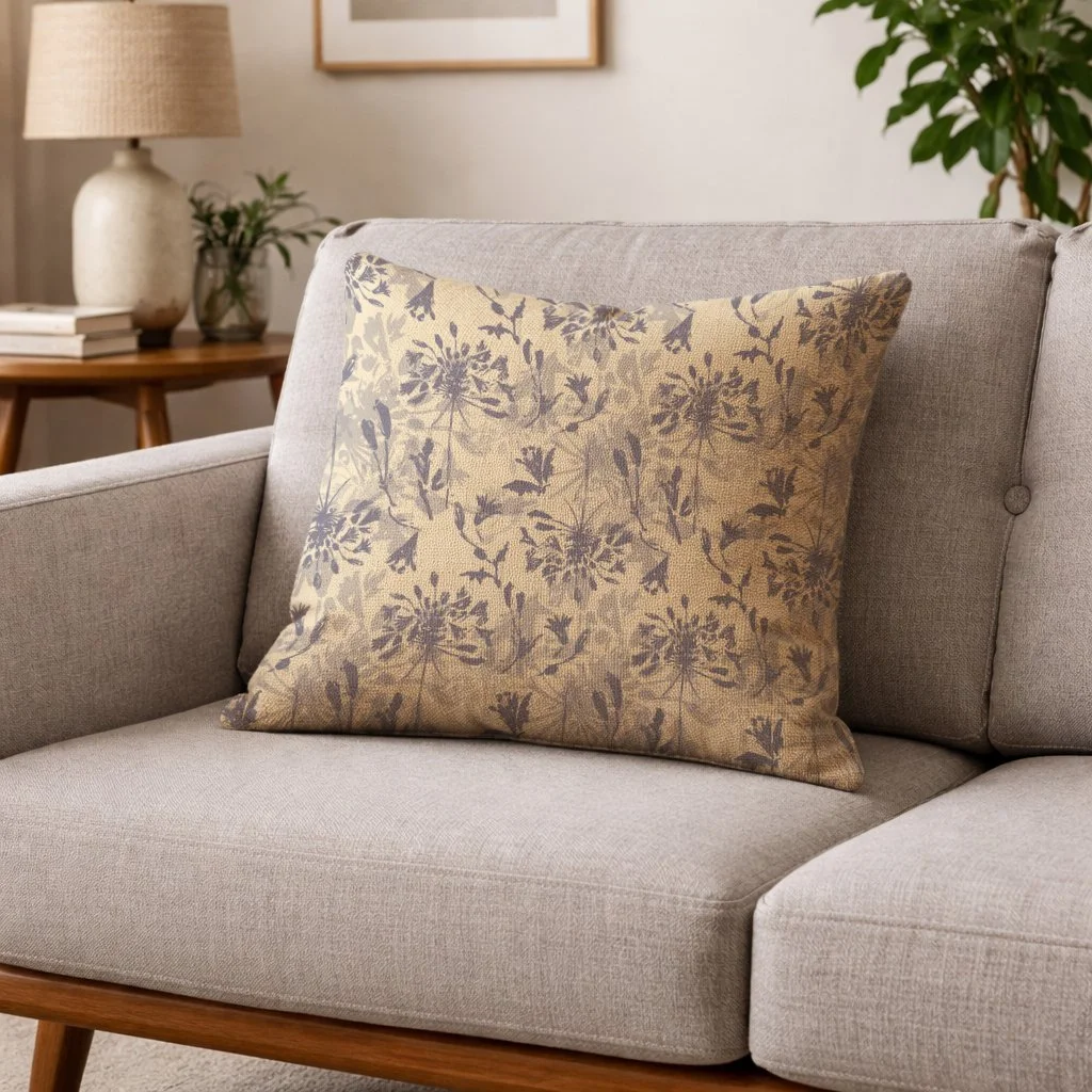 A decorative pillow with a fabric cover featuring a beige background and purple floral pattern, placed on a light gray sofa in a living room.