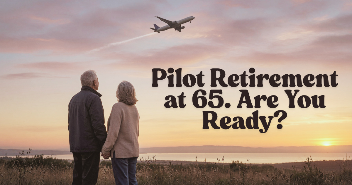 Image of a couple holding hands watching a airplane fly overhead. They are retired pilots. The text says Pilot Retirement at 65. Are you ready?