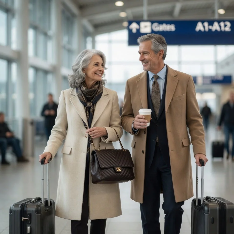A recently-retired couple traveling. They have the health and strength to pack, pull luggage, and fly