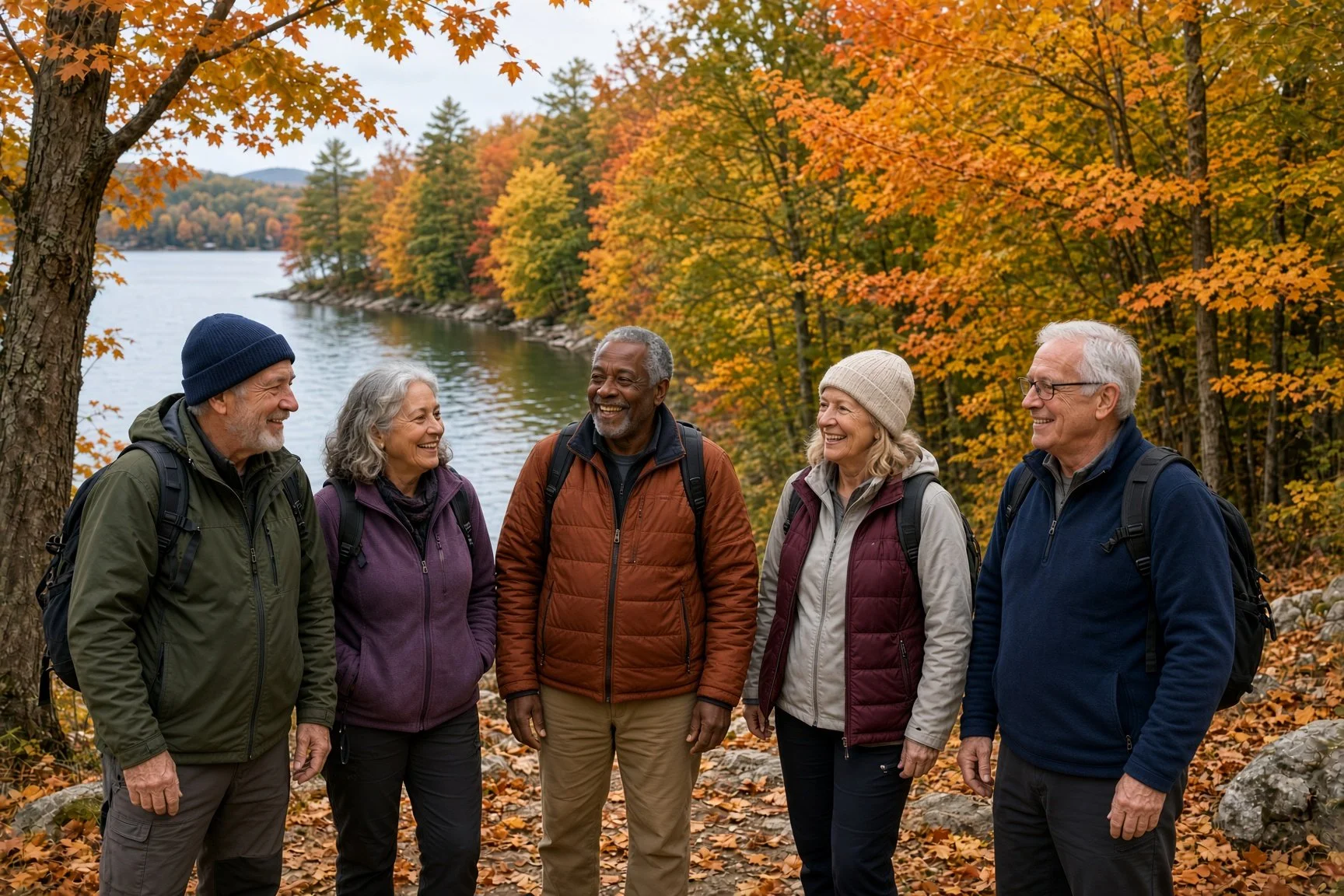 Five retired dentists on a hike in the fall. A lake and colorful trees are in the background