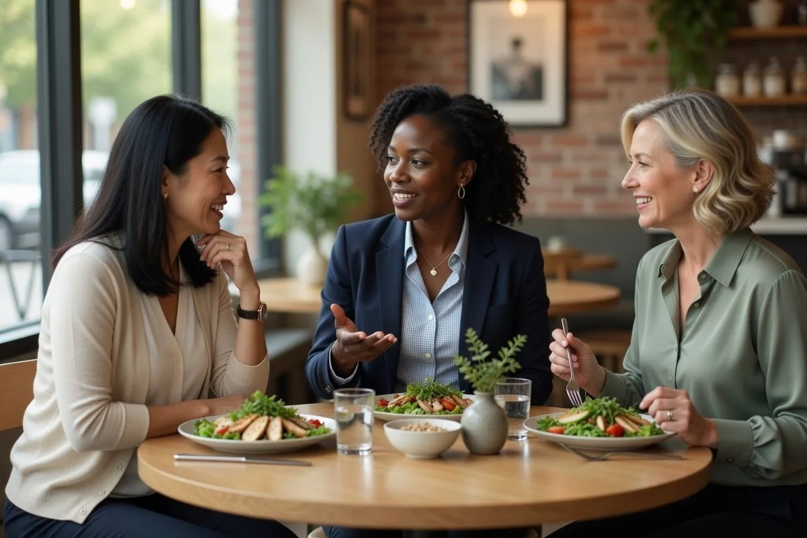 Three middle-aged women coworkers enjoying lunch at a cafe during the work day. Most transactional work relationships will end after you leave your job, according to Dr. Gregory Charlop