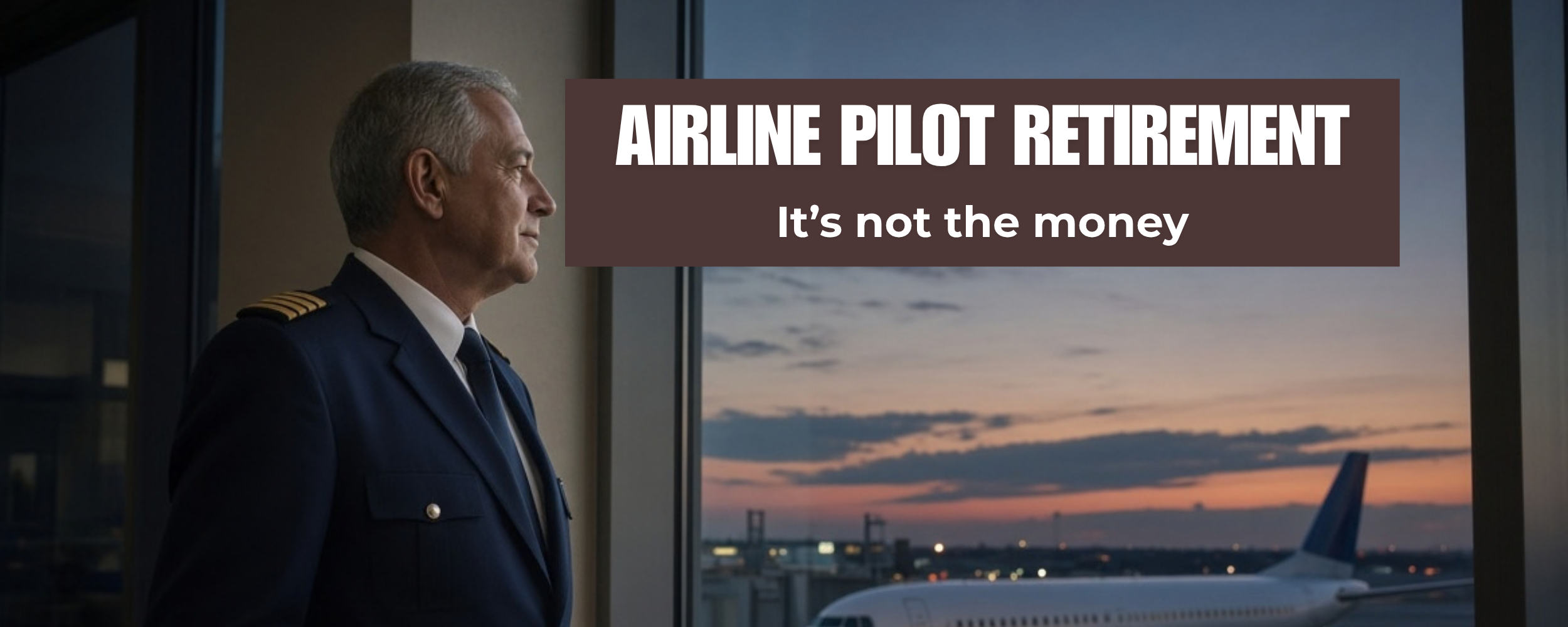 Image of an airline pilot looking out the window at the airport. He's about to retire soon at age 65. The text says "Airline Pilot Retirement. It's not the money"