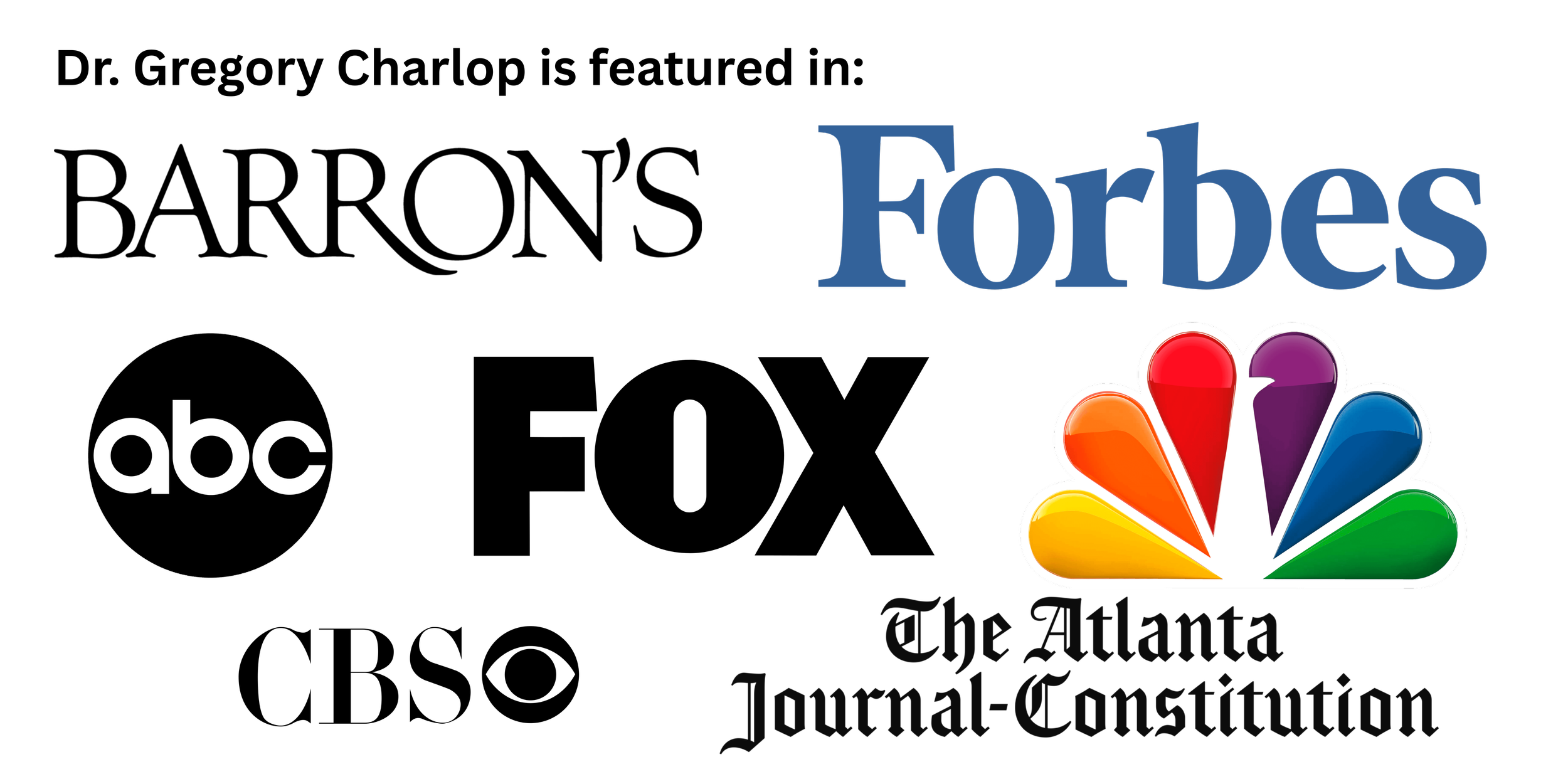 Dr. Gregory Charlop has been featured on ABC, NBC, Forbes, FOX, CBS, Barron's, and The Atlanta Journal-Constitution. The image is a collection of logos of famous media sites where Dr. Charlop has been featured