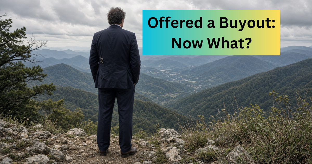 Image of a Microsoft employee in a sport coat overlooking the mountains after being offered a buyout. He's deciding what to do next