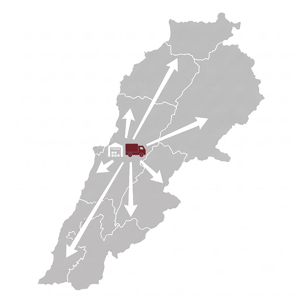 Map of Lebanon with arrows pointing from a central warehouse and delivery truck to various regions across the country.