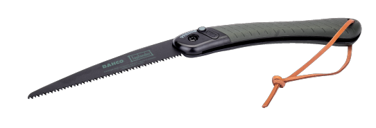 Serrucho de poda con hoja negra y mango ergonómico, con correa de seguridad en el extremo.