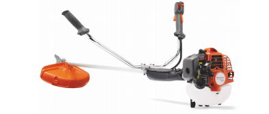 Aparato de jardín con motor de gasolina, tubo metálico y cucharón de poda, probablemente una hierba o cortadora de cercas.