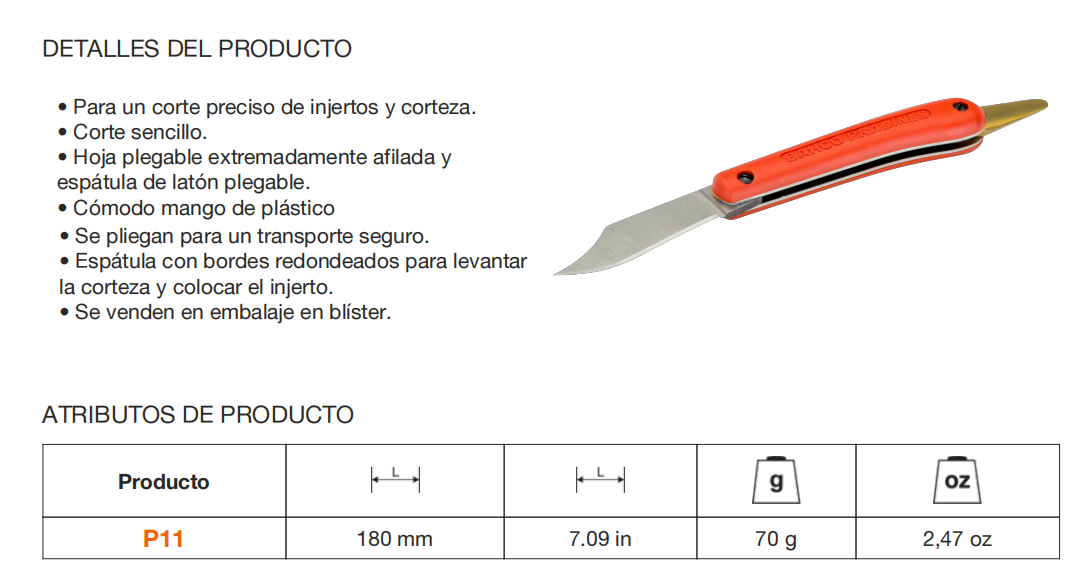 Imagen de un cuchillo con mango de plástico naranja y hoja metálica, junto a texto en español que describe las características y atributos del producto.
