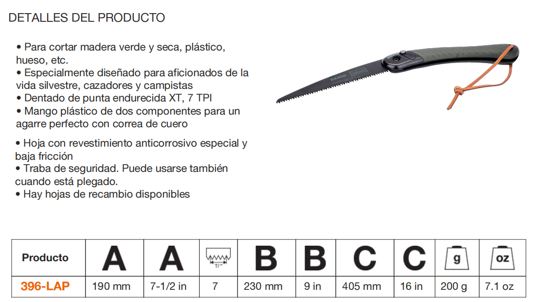 Imagen de una sierra para cortar madera y material similar, con descripción de sus características técnicas y especificaciones.
