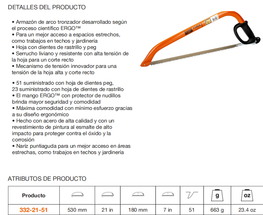 Detalle de una sierra de arco con descripción de sus características y atributos del producto en español.