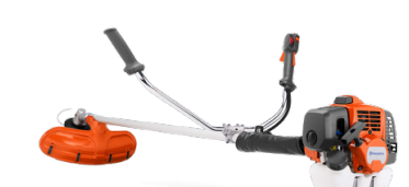 Trimmer de jardinería con motor de gasolina, línea de corte y manillar.