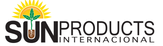 Logotipo de SUN Products Internacional con sol, hoja y tierra en diseño