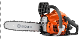 Motosierra Husqvarna con barra y cadena, color naranja y negro, vista frontal
