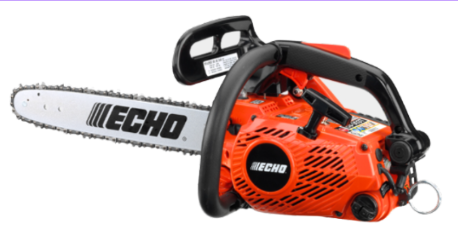 Motosegadora eléctrica de color naranja con guía y barra de corte, marca ECHO.