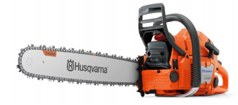 Motosega Husqvarna de color naranja y gris con barra de corte larga