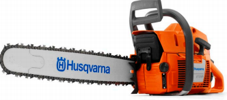 Cortadora de cadena de marca Husqvarna con empuñadura gris y carcasa naranja.